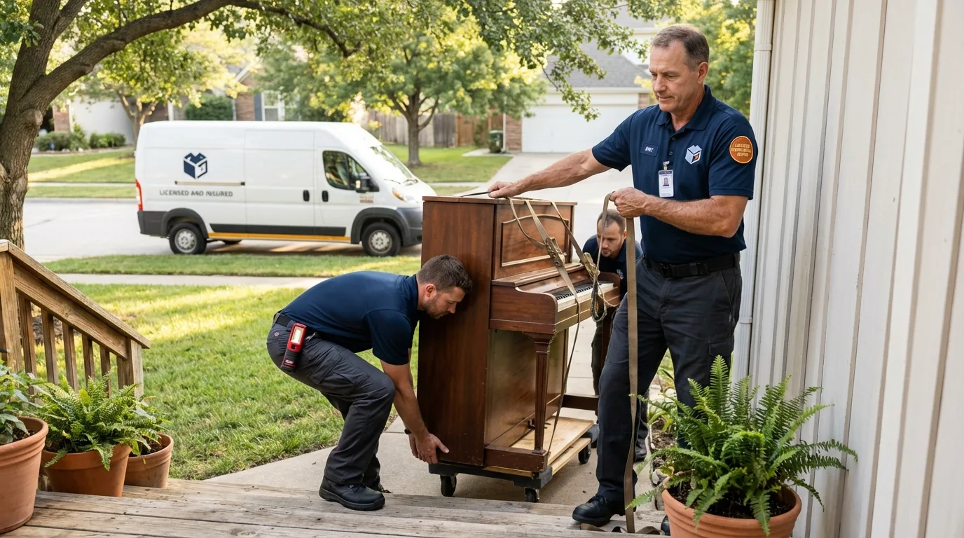 Licensed piano movers securing grand piano in Portage, IN