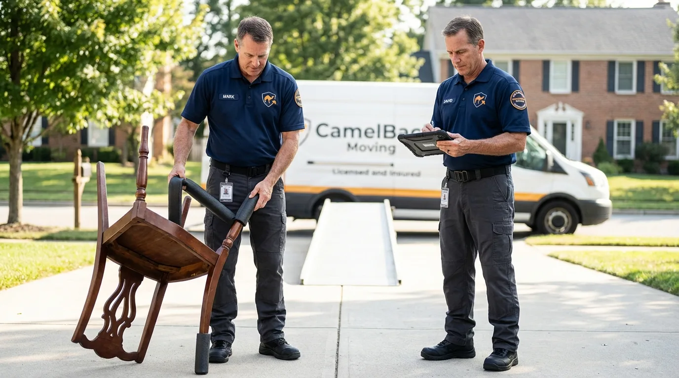 Movers inspecting furniture for damage prevention before loading in Portage, IN