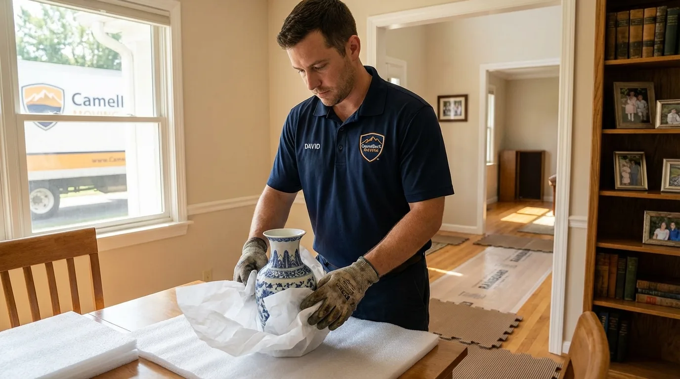 Professional crew carefully wrapping antique vase for senior downsizing move in Portage, IN